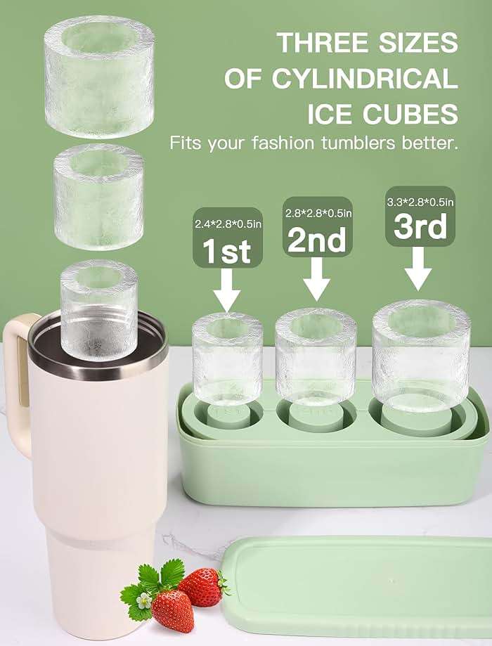 Ice Cube Tray for 30Oz-40Oz Tumbler Cup, 3 Pcs Silicone Ice Cube Tray with Lid and Bin for Freezer, Easy Fill and Release Cylinder Ice Mold for Whiskey, Cocktail BPA-Free (Green, 40Oz-Type1) - Image 3