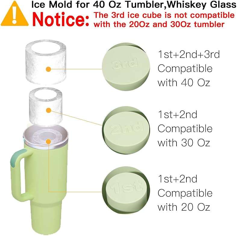 Ice Cube Tray for 30Oz-40Oz Tumbler Cup, 3 Pcs Silicone Ice Cube Tray with Lid and Bin for Freezer, Easy Fill and Release Cylinder Ice Mold for Whiskey, Cocktail BPA-Free (Green, 40Oz-Type1) - Image 6