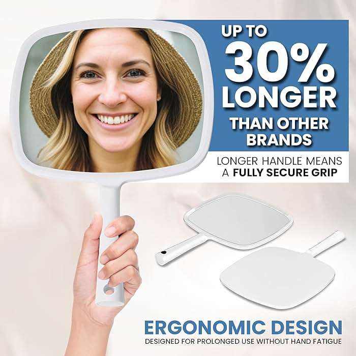 MIRRORVANA Hand Mirror with Ergonomic Handle - Hand Held Mirror for Make-up, Home Haircuts, Dental and Barber Use, 8” x 11” (White) - Image 3