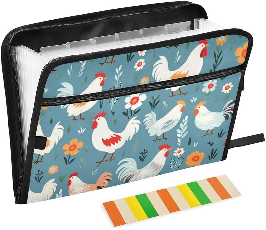 Cute Chicken Expanding File Folder, 13 Pockets Accordion File Organizer with Sticky Labels Zipper Portable A4 Document Organizer for Office School Supplies Travel - Image 1