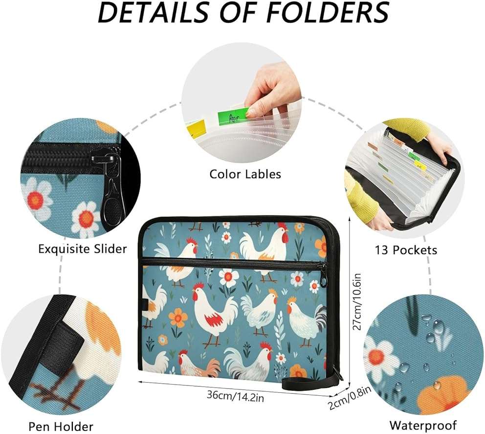 Cute Chicken Expanding File Folder, 13 Pockets Accordion File Organizer with Sticky Labels Zipper Portable A4 Document Organizer for Office School Supplies Travel - Image 3