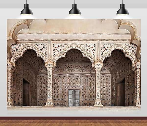 CORFOTO 7x5ft Fabric Agra Red Fort Backdrop Asia India Islamic Carved Architecture Arche Doors Background Asian Indian Theme Travel Party Decorations Photo Booth Studios Prop Wallpaper - Image 3