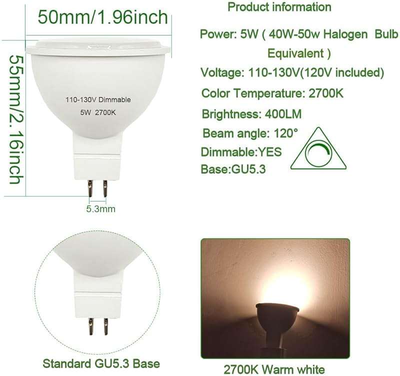 Generic Mr16 gu5.3 led Bulb 120v dimmable 5W 2700K Warm White Spot Light Equivalent to 40w 50w Halogen Bulb for Tracking Light (110-130V Dimmable 2700K) - Image 2