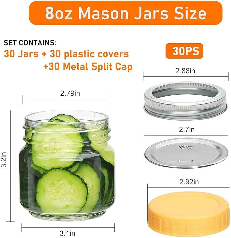 Salzesfalls 30 Pack 8oz Mason Jars with Lids,Half Pint Canning Jars,Small Glass Canning Jars,Samll Mason Jars for Jam, Honey,Candy,Spice - Image 3