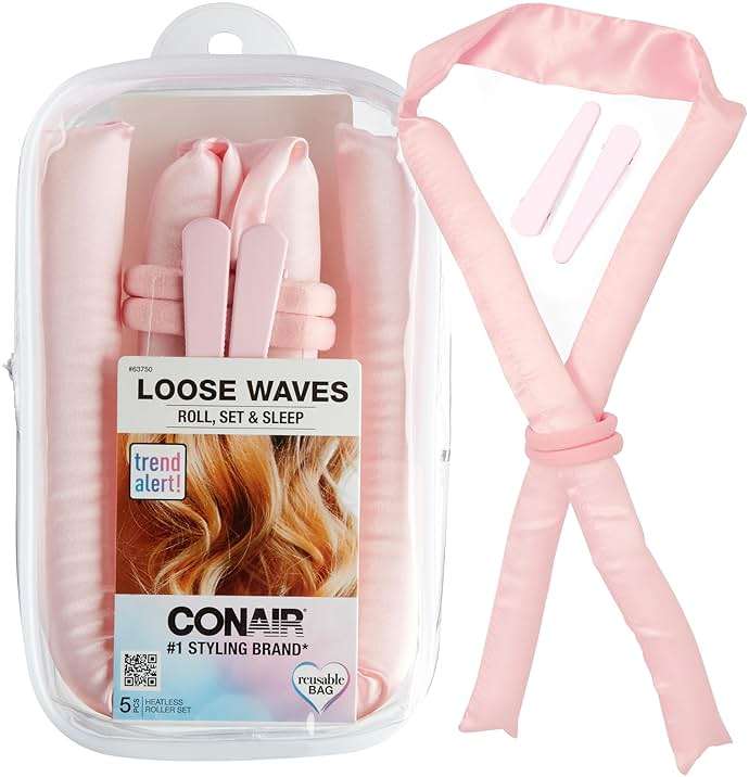 Conair Satin Heatless Curls Set - Heatless curls overnight- heatless curls headband - includes 1 Long Satin Roller, 2 Ponytailers, and 2 Clips - Image 1