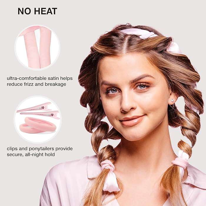 Conair Satin Heatless Curls Set - Heatless curls overnight- heatless curls headband - includes 1 Long Satin Roller, 2 Ponytailers, and 2 Clips - Image 2
