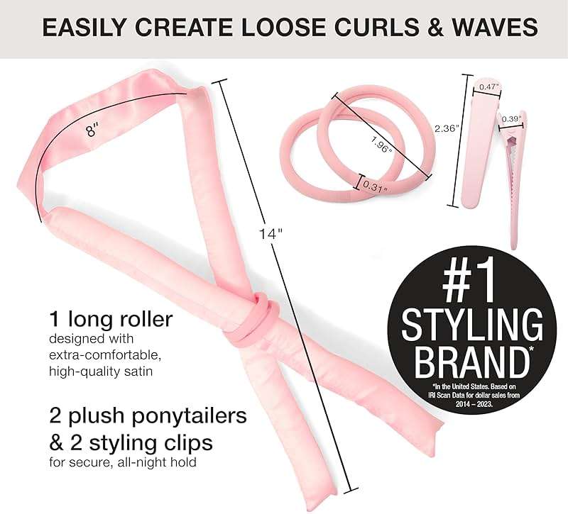 Conair Satin Heatless Curls Set - Heatless curls overnight- heatless curls headband - includes 1 Long Satin Roller, 2 Ponytailers, and 2 Clips - Image 6