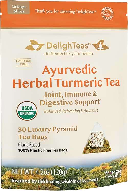 DelighTeas Ayurvedic Herbal Turmeric Tea Bags for Mobility Support | Eco-friendly Compostable Pyramid | Organic Turmeric, Ginger, Lemongrass & Licorice | Caffeine-Free, Kosher | 30 Tea Bags 4g Each - Image 1