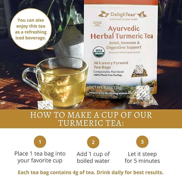DelighTeas Ayurvedic Herbal Turmeric Tea Bags for Mobility Support | Eco-friendly Compostable Pyramid | Organic Turmeric, Ginger, Lemongrass & Licorice | Caffeine-Free, Kosher | 30 Tea Bags 4g Each - Image 5