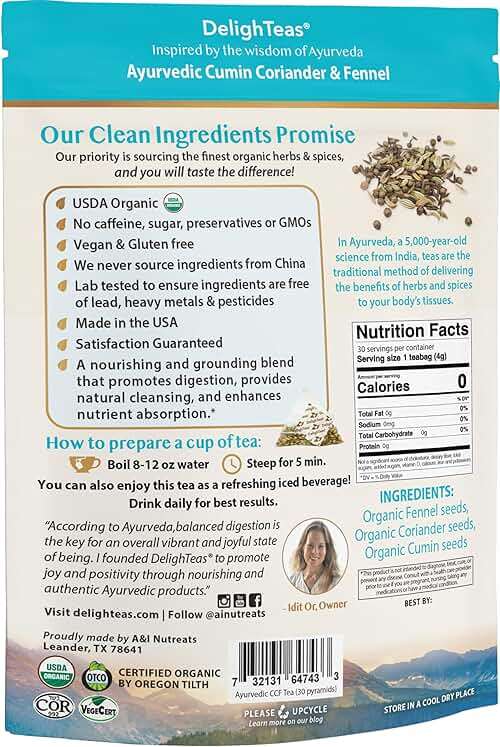 DelighTeas Organic Digest & Detox CCF Tea | Eco-friendly, Compostable Pyramid Tea Bags | Ayurvedic Cumin, Coriander, Fennel Tea | USDA Organic, Caffeine Free, Kosher | 30 Tea Bags, 4g each - Image 4
