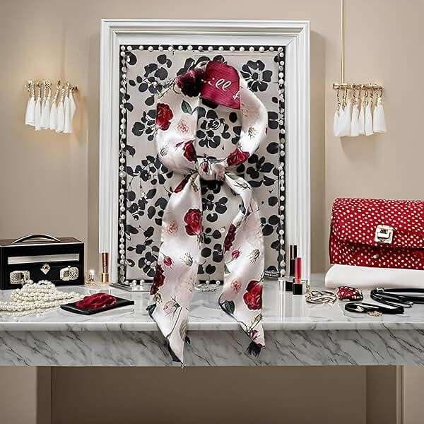 Juroicessry Red Flower Fashion Bag Handbag Handle Ribbon Scarf Polka Dot Printing Neckerchief Scarf Women's Fashion Scarves Clothing, Shoes and Jewelry - Image 3