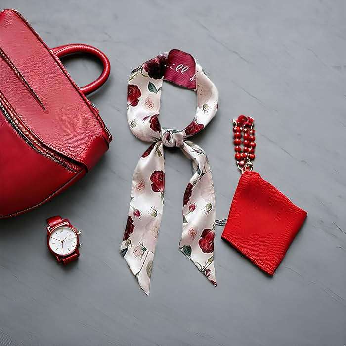 Juroicessry Red Flower Fashion Bag Handbag Handle Ribbon Scarf Polka Dot Printing Neckerchief Scarf Women's Fashion Scarves Clothing, Shoes and Jewelry - Image 4