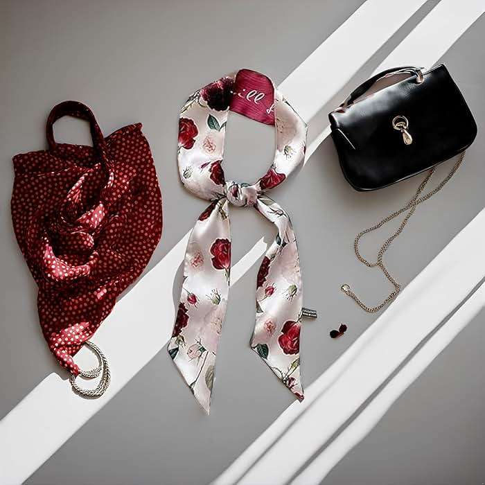 Juroicessry Red Flower Fashion Bag Handbag Handle Ribbon Scarf Polka Dot Printing Neckerchief Scarf Women's Fashion Scarves Clothing, Shoes and Jewelry - Image 6