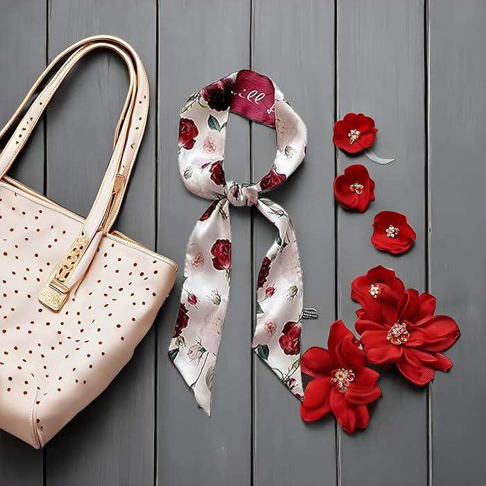 Juroicessry Red Flower Fashion Bag Handbag Handle Ribbon Scarf Polka Dot Printing Neckerchief Scarf Women's Fashion Scarves Clothing, Shoes and Jewelry - Image 8