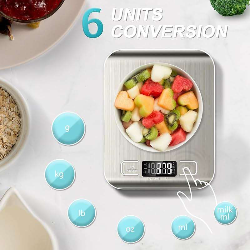 Food Scale, 11lb Kitchen Scale with 6 Units Tare Function & LCD Display, 0.05oz/1g Stainless Steel Digital Food Scale Grams and Ounces for Baking, Cooking, Dieting and Meal Prep (Batteries Included) - Image 2