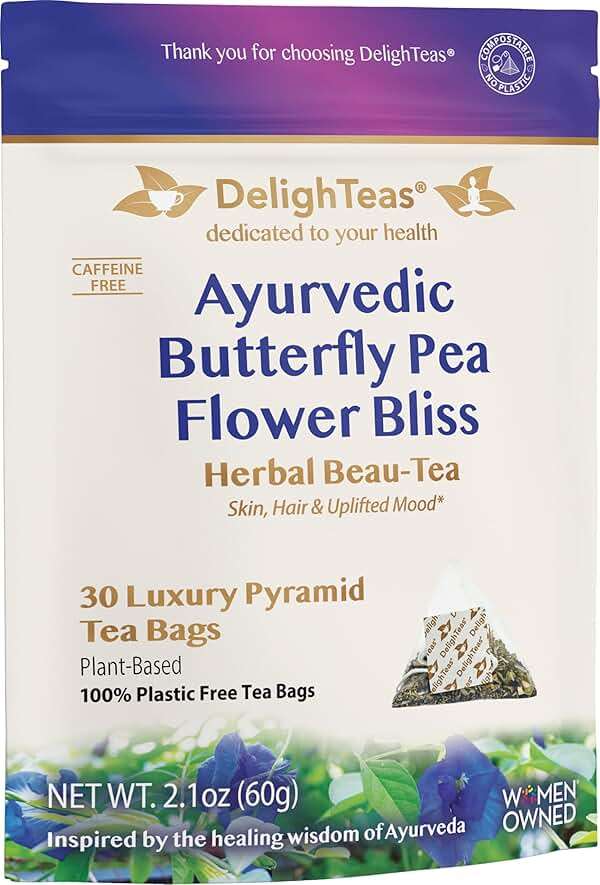 DelighTeas Organic Butterfly Pea Flower Bliss Tea | Eco-Conscious Pyramid Tea Bags | With Ginger, Lemongrass & Licorice | USDA Organic, Vegan, Caffeine Free, Kosher | 30 Tea Bags, 2g each - Image 1