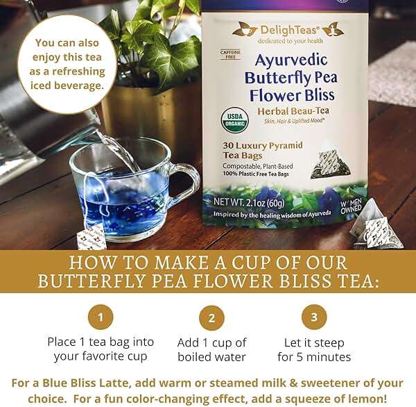 DelighTeas Organic Butterfly Pea Flower Bliss Tea | Eco-Conscious Pyramid Tea Bags | With Ginger, Lemongrass & Licorice | USDA Organic, Vegan, Caffeine Free, Kosher | 30 Tea Bags, 2g each - Image 5