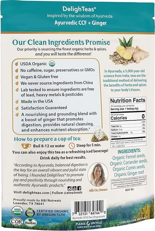 DelighTeas Organic Digest & Detox CCF Tea with Ginger | Eco-Conscious Pyramid Tea Bags | Ayurvedic Cumin Coriander Fennel Ginger Tea | USDA Organic, Vegan, Caffeine Free, Kosher | 30 Tea Bags, 4g each - Image 4
