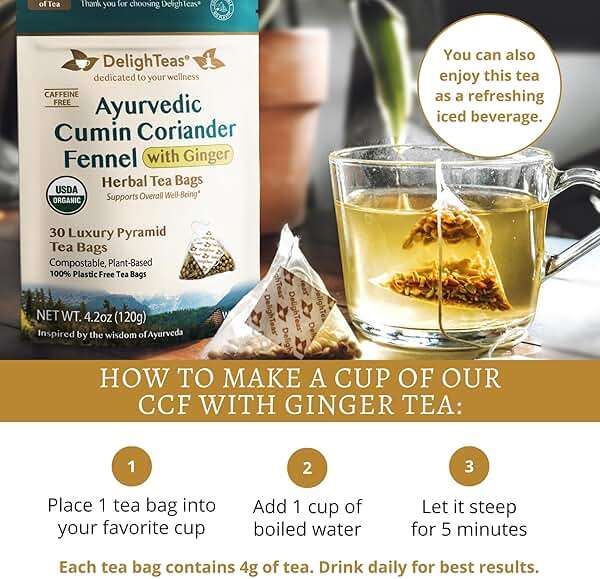 DelighTeas Organic Digest & Detox CCF Tea with Ginger | Eco-Conscious Pyramid Tea Bags | Ayurvedic Cumin Coriander Fennel Ginger Tea | USDA Organic, Vegan, Caffeine Free, Kosher | 30 Tea Bags, 4g each - Image 5