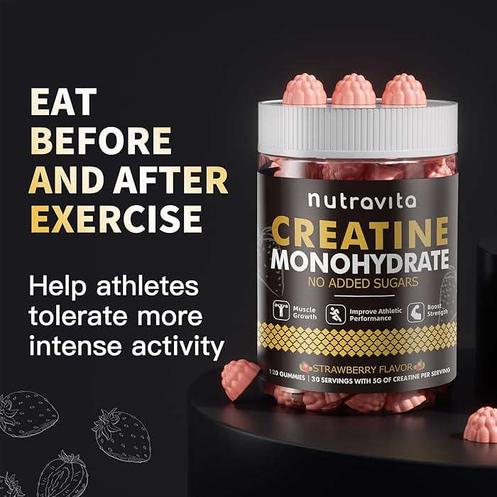 Nutravita NSF Certified Creatine Gummy - Creatine Monohydrate Gummies for Men & Women-5g of Creatine Monohydrate per Serving - Sugar Free,Vegan, Strawberry Flavor, 120 Count - Image 5