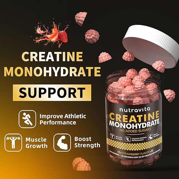 Nutravita NSF Certified Creatine Gummy - Creatine Monohydrate Gummies for Men & Women-5g of Creatine Monohydrate per Serving - Sugar Free,Vegan, Strawberry Flavor, 120 Count - Image 6