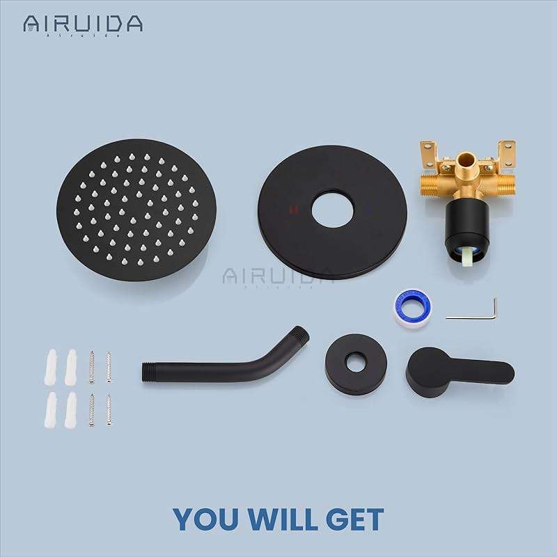 Airuida Shower Faucet Set,6 Inch Round Rainfall Shower Head,SUS304 Stainless Steel Single Handle Shower Trim Kit,Wall Mount Bathroom System with Male Threads Valve Matte Black - Image 9