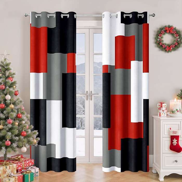 Tyrot Red Black 100% Blackout Curtains for Bedroom 84 inch Long 2 Panels Set Modern Abstract Geometric Black Out Living Room Curtains Christmas Red Thermal Room Darkening Window Drapes, 52Wx84L - Image 1