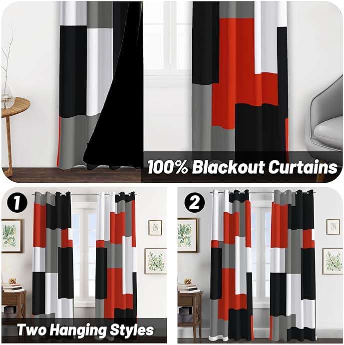 Tyrot Red Black 100% Blackout Curtains for Bedroom 84 inch Long 2 Panels Set Modern Abstract Geometric Black Out Living Room Curtains Christmas Red Thermal Room Darkening Window Drapes, 52Wx84L - Image 3