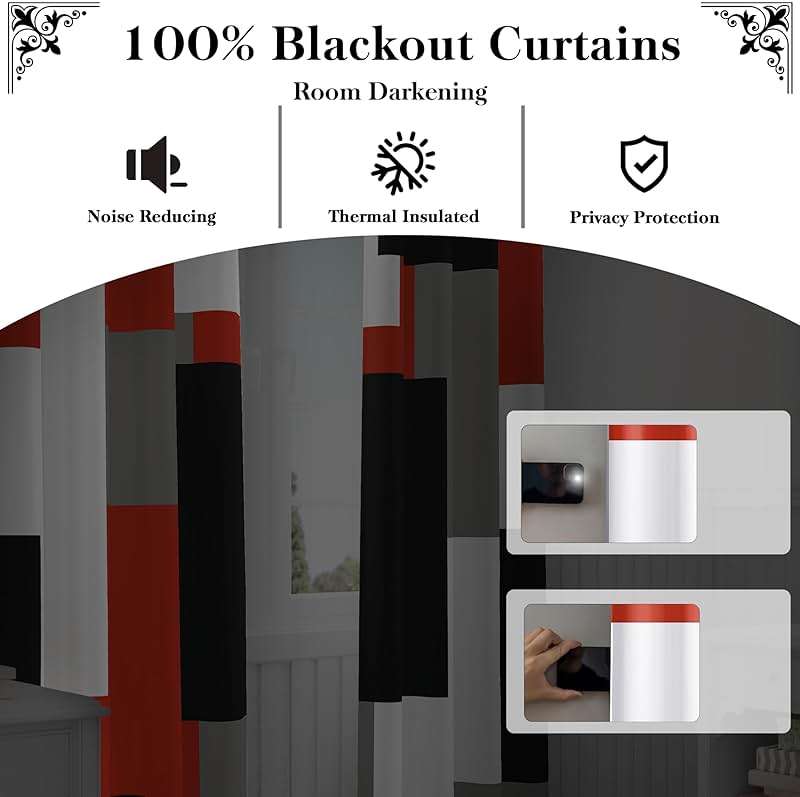 Tyrot Red Black 100% Blackout Curtains for Bedroom 84 inch Long 2 Panels Set Modern Abstract Geometric Black Out Living Room Curtains Christmas Red Thermal Room Darkening Window Drapes, 52Wx84L - Image 4