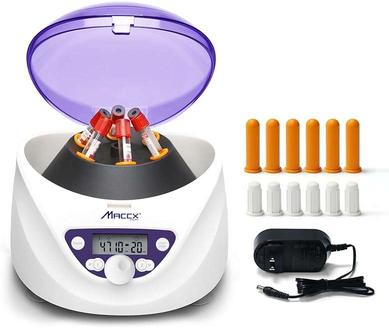 Maccx Lab PRP Benchtop Centrifuge Machine, Speed Range from 300-5000RPM, Rotor for 1.5-5mL/7mL/10mL/15mL/ x6 Tubes, Max. RCF 2600xg Low Speed PRF Benchtop Centrifuge, CEN-001 - Image 1