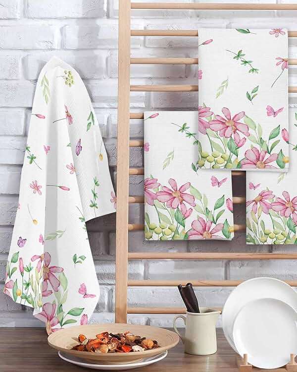 Watercolor Floral Waffle Kitchen Hand Towels Set of 2,Super Absorbent & Quick Dry Hair Dish Bath Tea Golf Microfiber Soft Towel Cleaning Washcloth,Sprinf Summer Leaves Pink Green White 15.7"x23.6" - Image 2