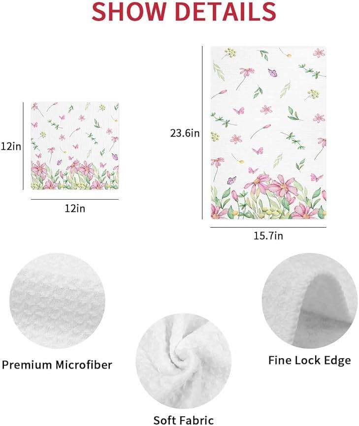 Watercolor Floral Waffle Kitchen Hand Towels Set of 2,Super Absorbent & Quick Dry Hair Dish Bath Tea Golf Microfiber Soft Towel Cleaning Washcloth,Sprinf Summer Leaves Pink Green White 15.7"x23.6" - Image 3