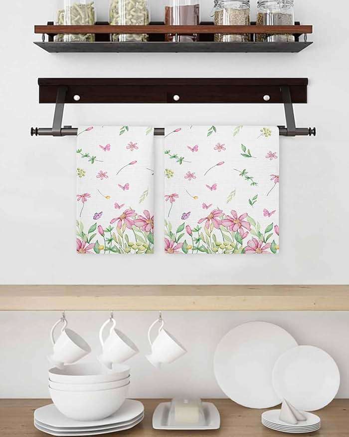 Watercolor Floral Waffle Kitchen Hand Towels Set of 2,Super Absorbent & Quick Dry Hair Dish Bath Tea Golf Microfiber Soft Towel Cleaning Washcloth,Sprinf Summer Leaves Pink Green White 15.7"x23.6" - Image 4