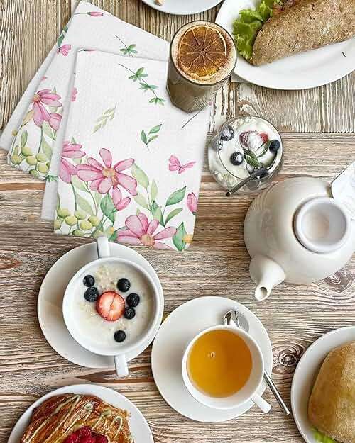 Watercolor Floral Waffle Kitchen Hand Towels Set of 2,Super Absorbent & Quick Dry Hair Dish Bath Tea Golf Microfiber Soft Towel Cleaning Washcloth,Sprinf Summer Leaves Pink Green White 15.7"x23.6" - Image 5