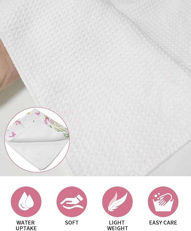 Watercolor Floral Waffle Kitchen Hand Towels Set of 2,Super Absorbent & Quick Dry Hair Dish Bath Tea Golf Microfiber Soft Towel Cleaning Washcloth,Sprinf Summer Leaves Pink Green White 15.7"x23.6" - Image 6