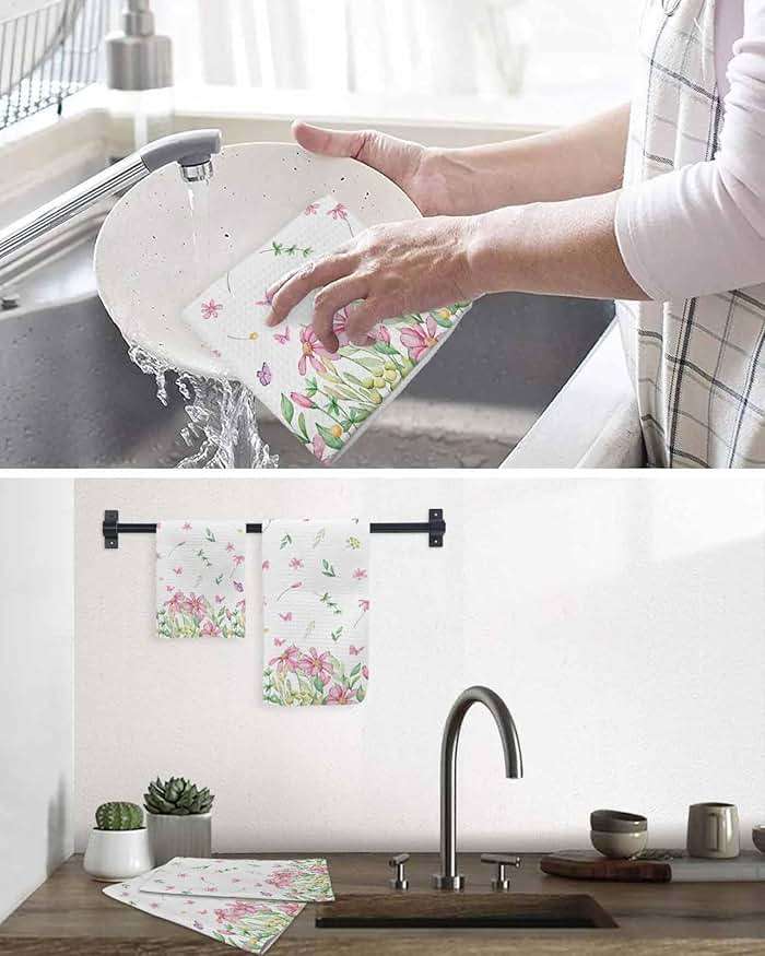 Watercolor Floral Waffle Kitchen Hand Towels Set of 2,Super Absorbent & Quick Dry Hair Dish Bath Tea Golf Microfiber Soft Towel Cleaning Washcloth,Sprinf Summer Leaves Pink Green White 15.7"x23.6" - Image 7