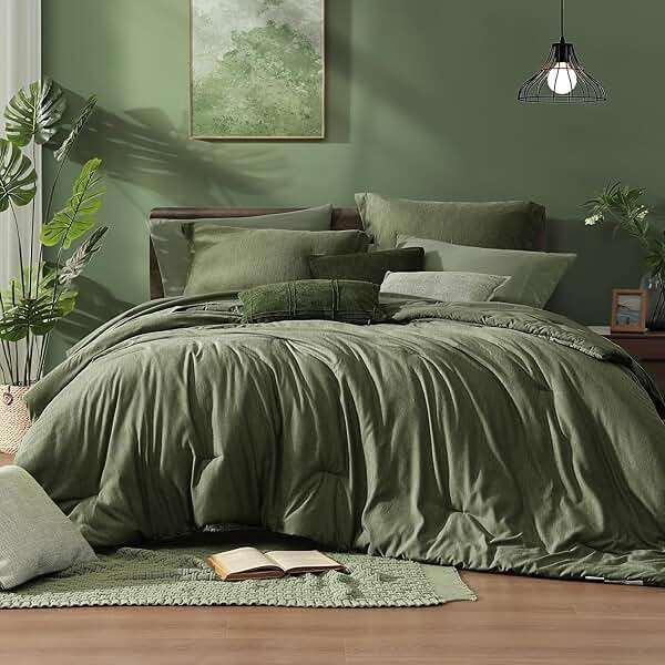 Monbix Queen Comforter Set - 7 Pieces Cationic Dyeing Olive Green Bed in a Bag Queen Bedding Sets with Comforter, Sheets, Pillowcases & Shams, Reversible Bedding Comforters Sets - Image 1