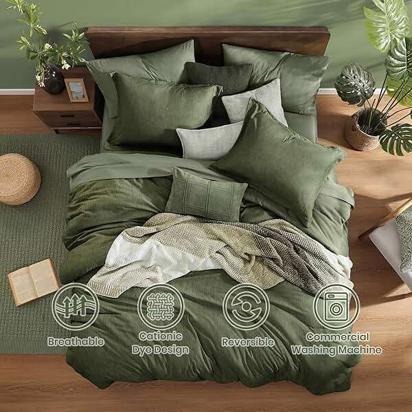 Monbix Queen Comforter Set - 7 Pieces Cationic Dyeing Olive Green Bed in a Bag Queen Bedding Sets with Comforter, Sheets, Pillowcases & Shams, Reversible Bedding Comforters Sets - Image 2