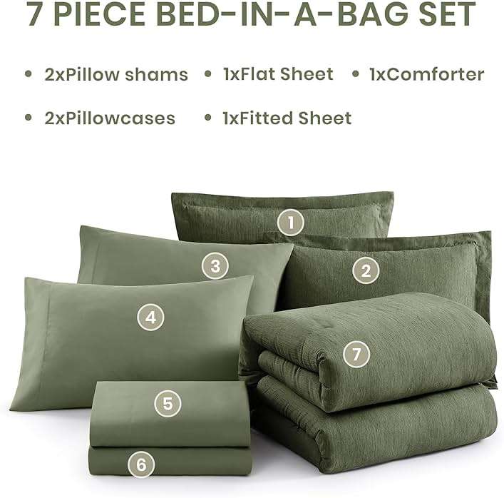 Monbix Queen Comforter Set - 7 Pieces Cationic Dyeing Olive Green Bed in a Bag Queen Bedding Sets with Comforter, Sheets, Pillowcases & Shams, Reversible Bedding Comforters Sets - Image 7