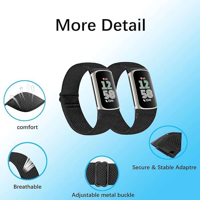 2 Pack Elastic Nylon Bands Compatible with Fitbit Charge 6 / Fitbit Charge 5, Classic Soft Breathable Adjustable Sport Smartwatch Replacement Wristband for Women Men - Image 3
