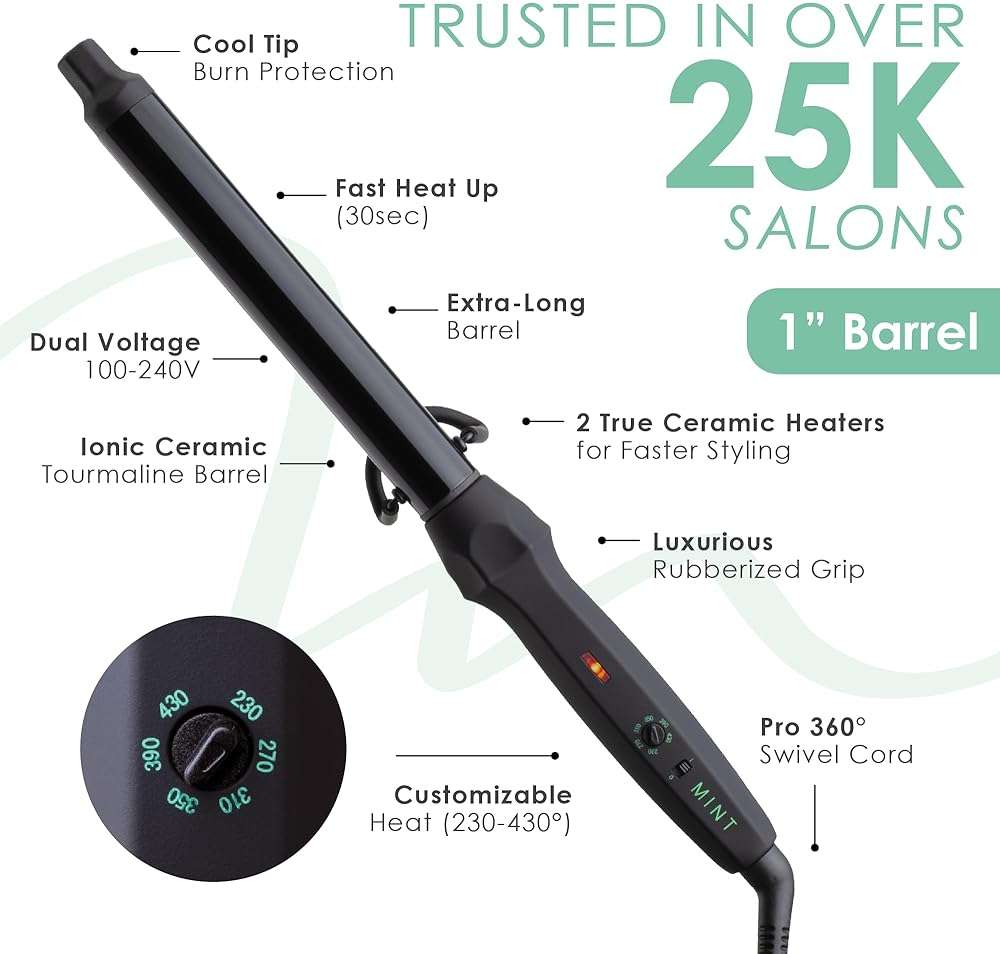 MINT Professional Clamp-Free Curling Wand 1 Inch for Long Hair | Extra Long Curl Wand w 4-Heater Ionic Ceramic Tourmaline Barrel | Best Curling Wands | Adjustable 230-430°F | Worldwide Dual Voltage - Image 3