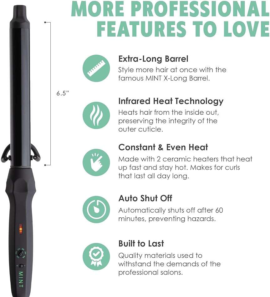 MINT Professional Clamp-Free Curling Wand 1 Inch for Long Hair | Extra Long Curl Wand w 4-Heater Ionic Ceramic Tourmaline Barrel | Best Curling Wands | Adjustable 230-430°F | Worldwide Dual Voltage - Image 6