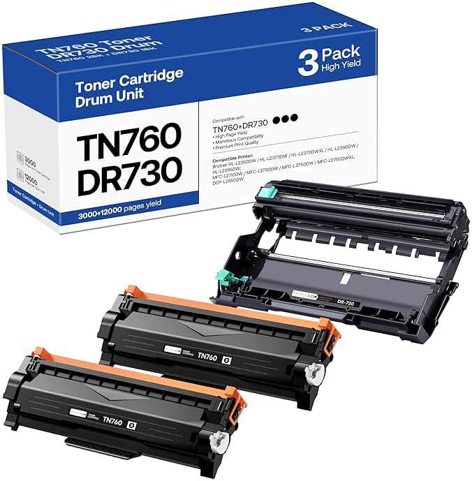 TN760 Toner Cartridge and DR730 Drum Unit Replacement for Brother TN 760 TN-760 TN730 DR-730 Compatible with MFC-L2710DW MFC-L2750DW HL-L2370DW DCP-L2550DW Printer (2 Toners, 1 Drum Unit, 3 Pack) - Image 1