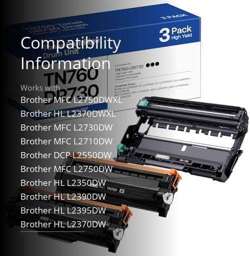 TN760 Toner Cartridge and DR730 Drum Unit Replacement for Brother TN 760 TN-760 TN730 DR-730 Compatible with MFC-L2710DW MFC-L2750DW HL-L2370DW DCP-L2550DW Printer (2 Toners, 1 Drum Unit, 3 Pack) - Image 3