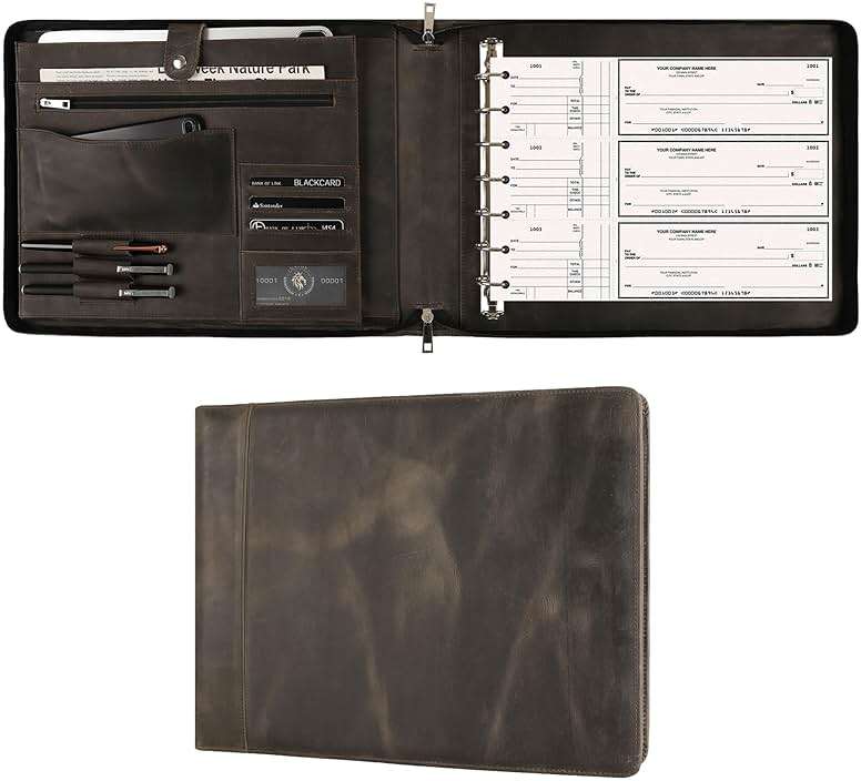 DUKE&COW Leather Business Checkbook Binder - 7 Ring Check Binder Zippered Business Check Binder with Check Book Holder for 3 Per Page 600 Checks Capacity for 9 x 13 inch Sheets, Grey - Non Custom - Image 1