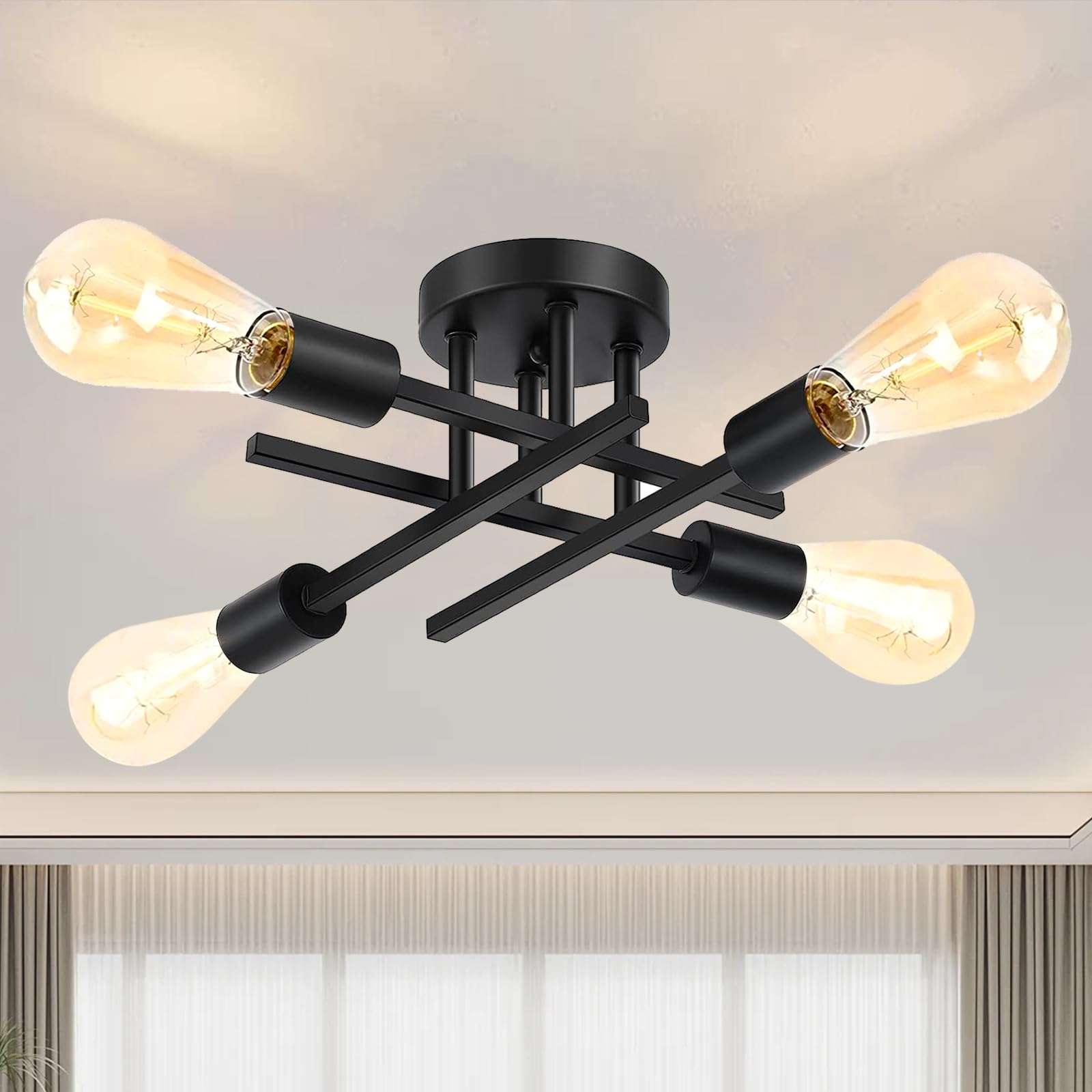 Maichixin Ceiling Light, Dining Room Light Fixture with E26 Base, Semi Flush Mount Ceiling Light Fixture, Kitchen Lighting Fixtures Ceiling, 4-Light Matte Black Chandelier for Bedroom - Image 1