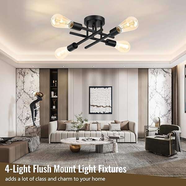 Maichixin Ceiling Light, Dining Room Light Fixture with E26 Base, Semi Flush Mount Ceiling Light Fixture, Kitchen Lighting Fixtures Ceiling, 4-Light Matte Black Chandelier for Bedroom - Image 2