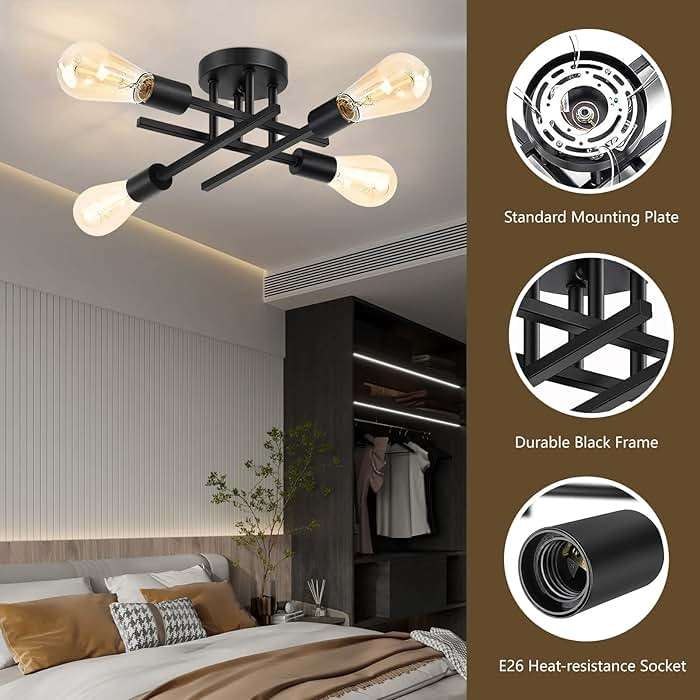 Maichixin Ceiling Light, Dining Room Light Fixture with E26 Base, Semi Flush Mount Ceiling Light Fixture, Kitchen Lighting Fixtures Ceiling, 4-Light Matte Black Chandelier for Bedroom - Image 4