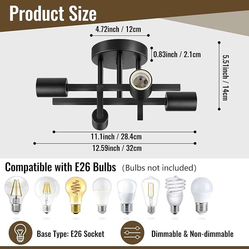 Maichixin Ceiling Light, Dining Room Light Fixture with E26 Base, Semi Flush Mount Ceiling Light Fixture, Kitchen Lighting Fixtures Ceiling, 4-Light Matte Black Chandelier for Bedroom - Image 6
