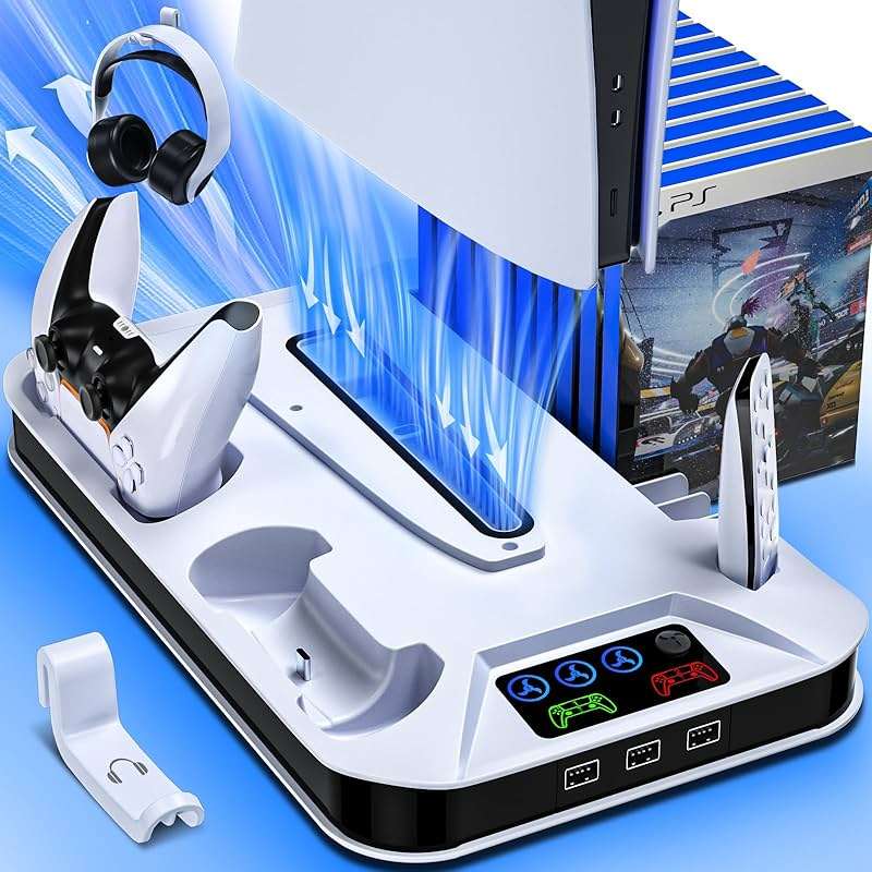 PS5/Slim/Pro Cooling Station with Controller Charging Station for Playstation Console Playstation 5 Slim&Standard Disc/Digital Console, PS5 Pro Stand Cooler Accessories Incl Cooling Fan/3 USB Hubs - Image 1